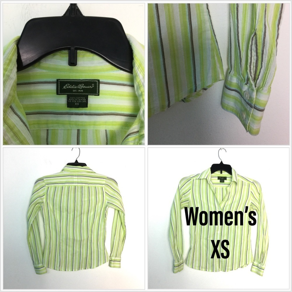 Women's Eddie Bauer XS 0 - 2 Button Front Shirt Stripe Yellow Long Sleeve Casual
